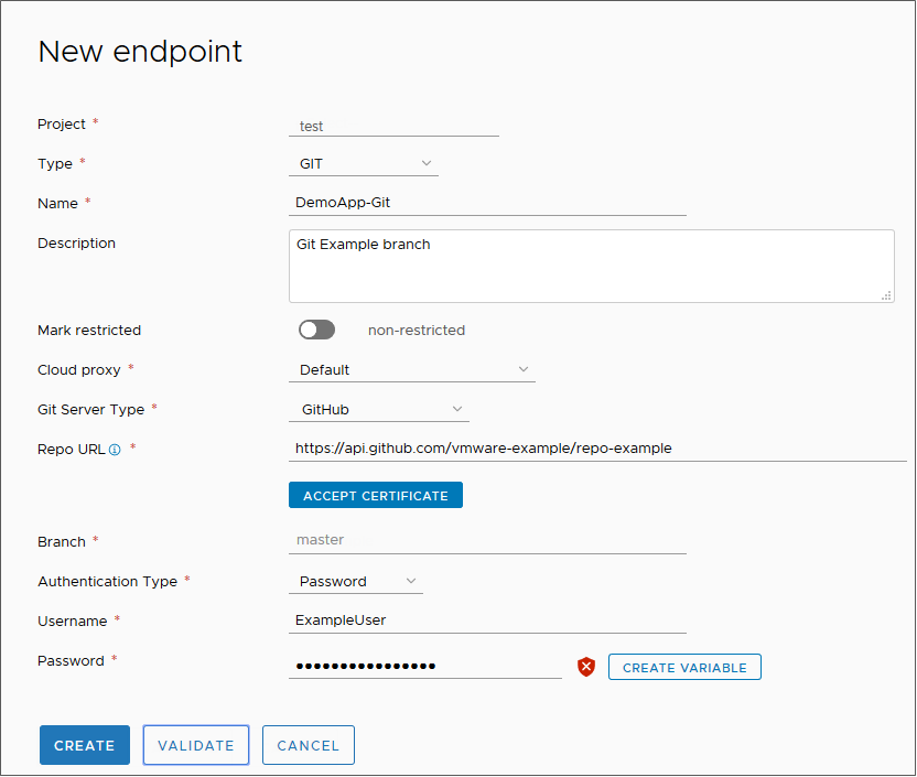 Cuando agrega un endpoint de Git, la definición del endpoint se completa después de introducir la información, validar el endpoint y hacer clic en Crear.