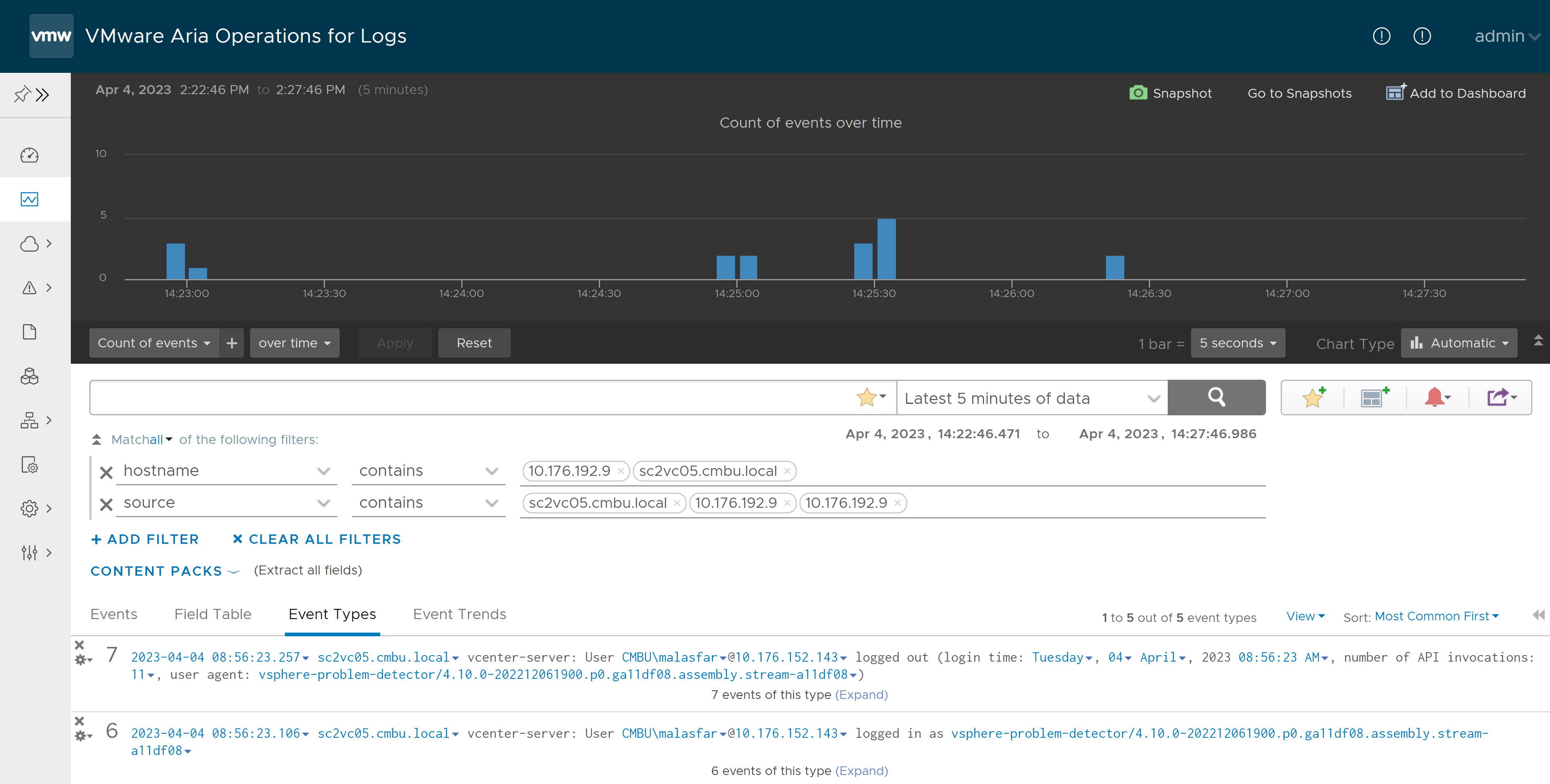 La página Explorar registros en la interfaz de usuario de VMware Aria Operations for Logs.