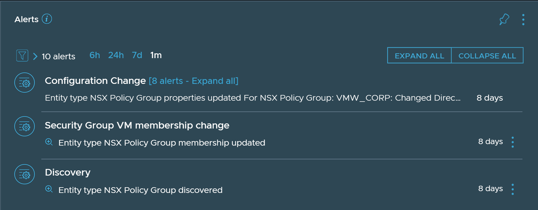 Lista de alertas que se muestra para un grupo de directivas de NSX.