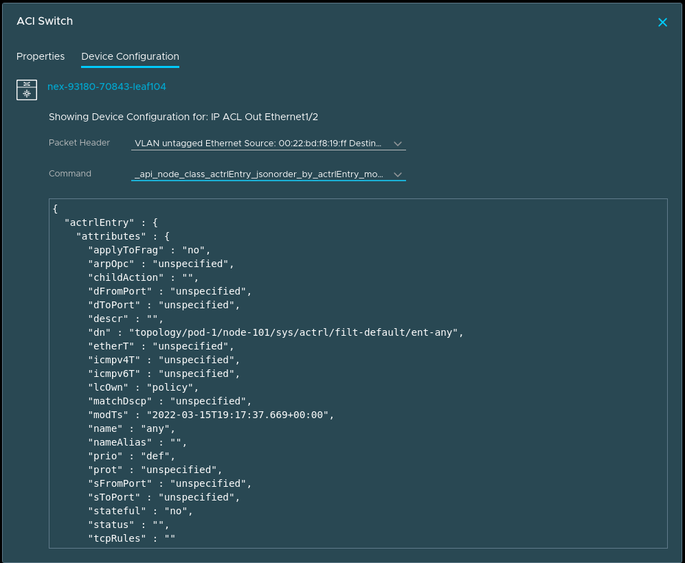 Interfaz de usuario mostrando la configuración del dispositivo de Cisco ACI.