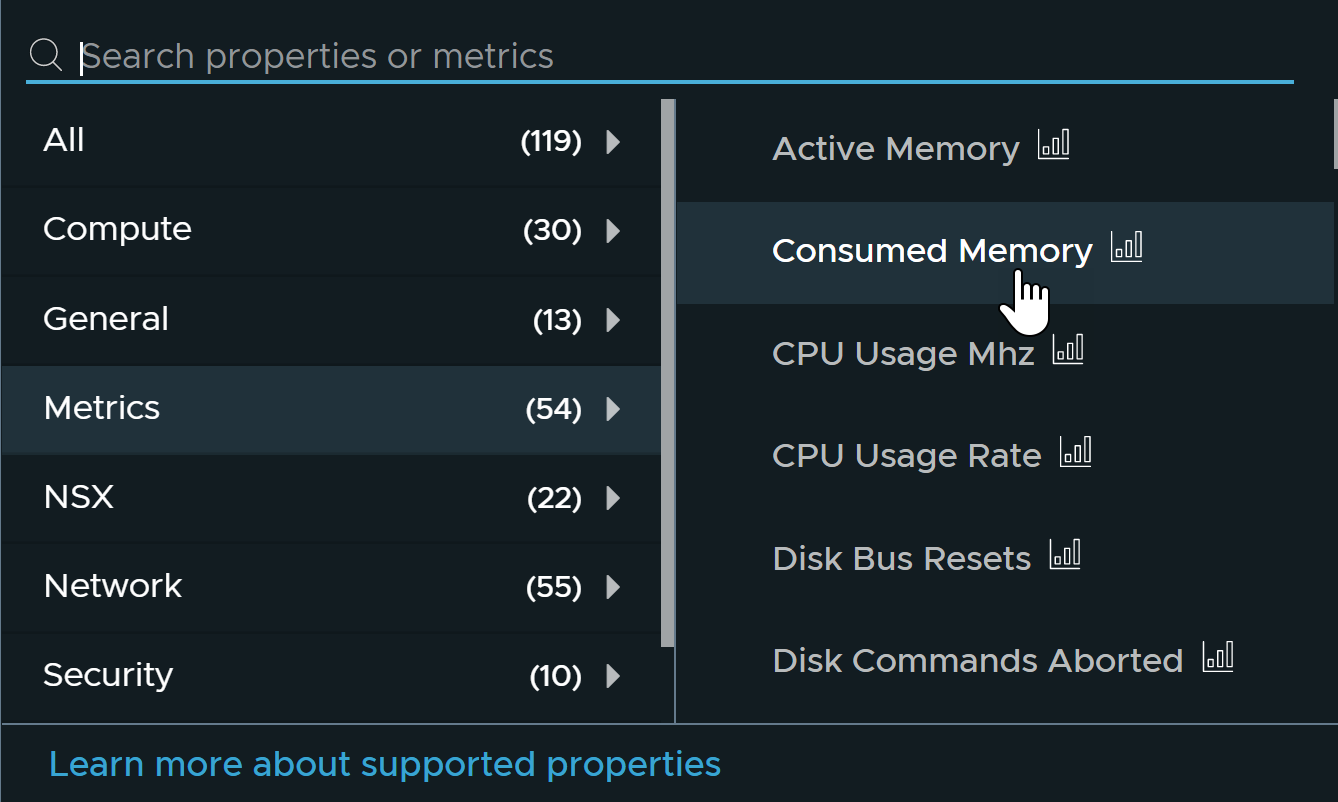 Se muestra la métrica de memoria consumida de un host en la página de entidades.