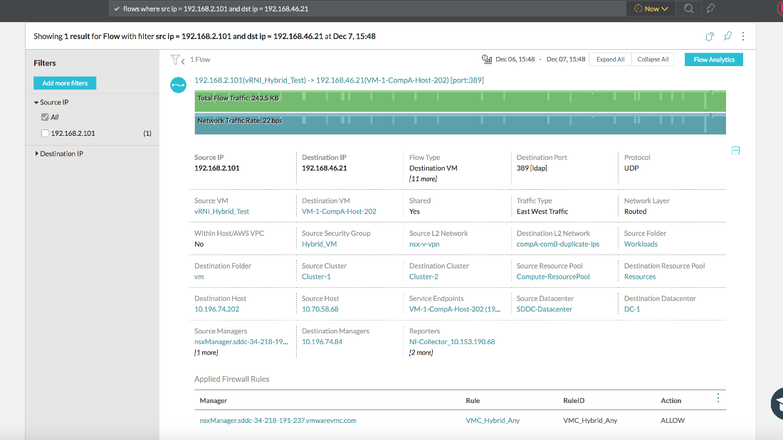 Interfaz de usuario de VMware Aria Operations for Networks mostrando un flujo y los detalles asociados con las entidades del flujo.