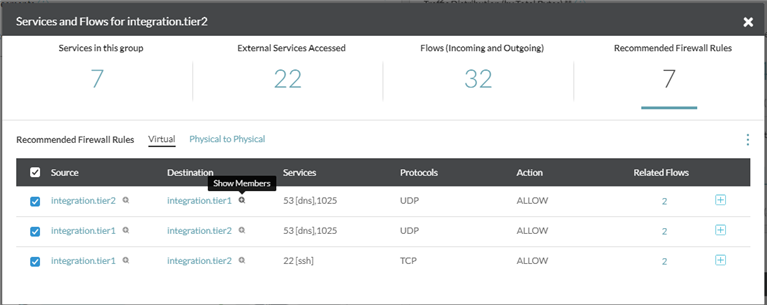 La página Servicios y flujos muestra entidades y reglas de firewall recomendadas asociadas con las reglas de firewall.