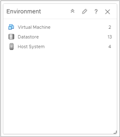 La captura de pantalla del widget enumera dos máquinas virtuales, 13 almacenes de datos y 4 sistemas host.