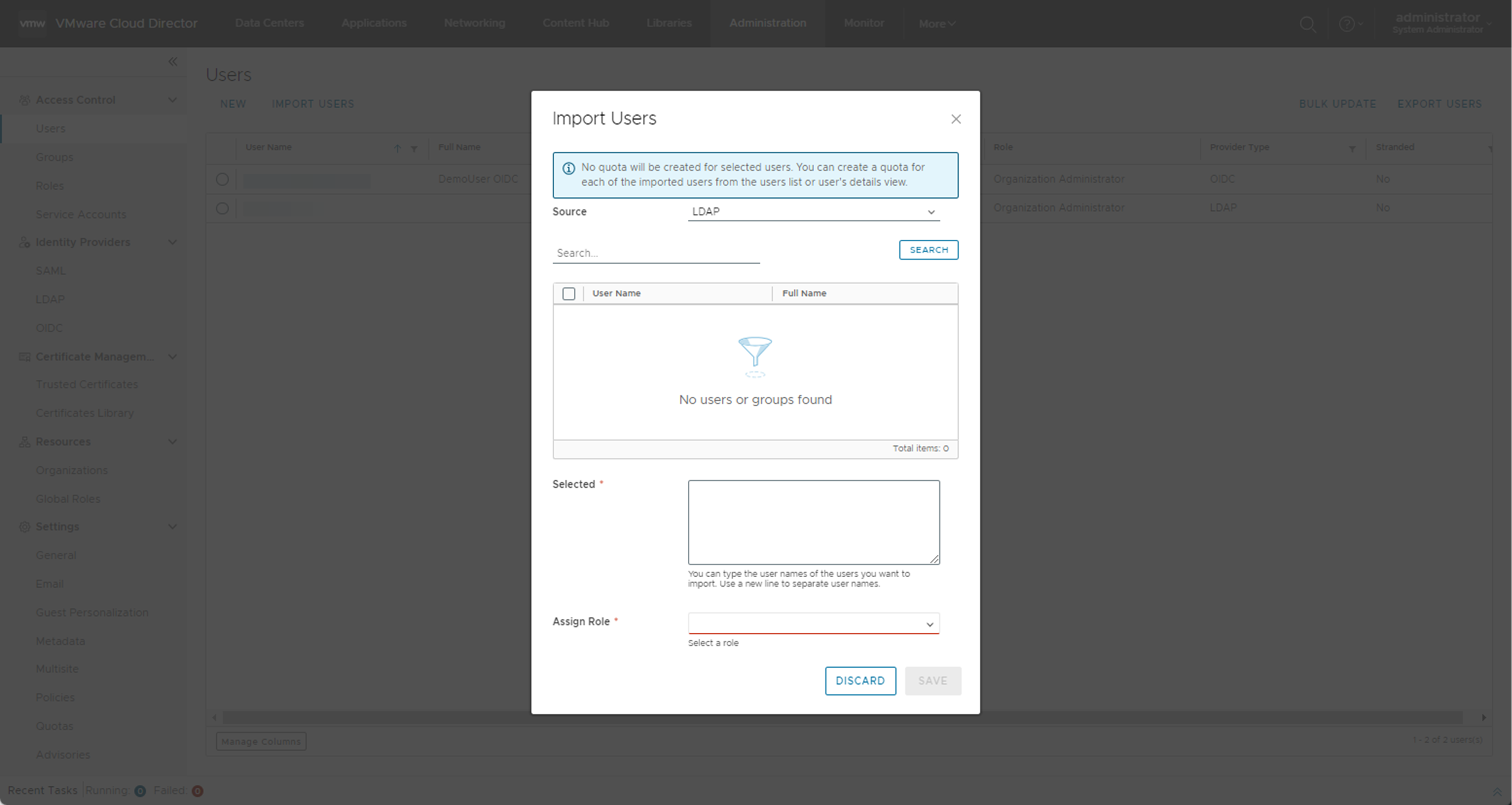 Puede importar usuarios LDAP, SAML u OIDC en VMware Cloud Director.