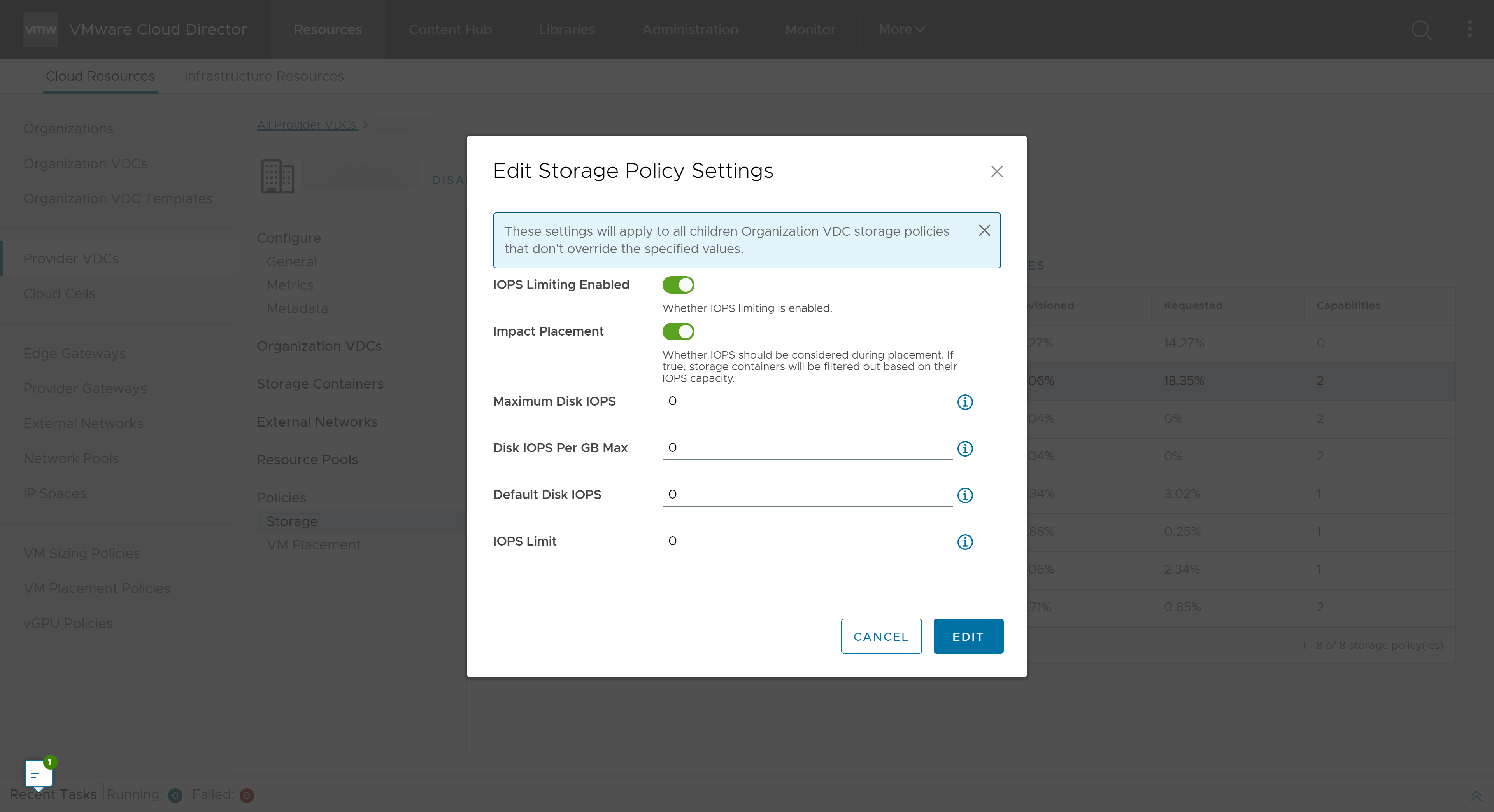 La captura de pantalla muestra el cuadro de diálogo modal Editar configuración de directivas de almacenamiento.