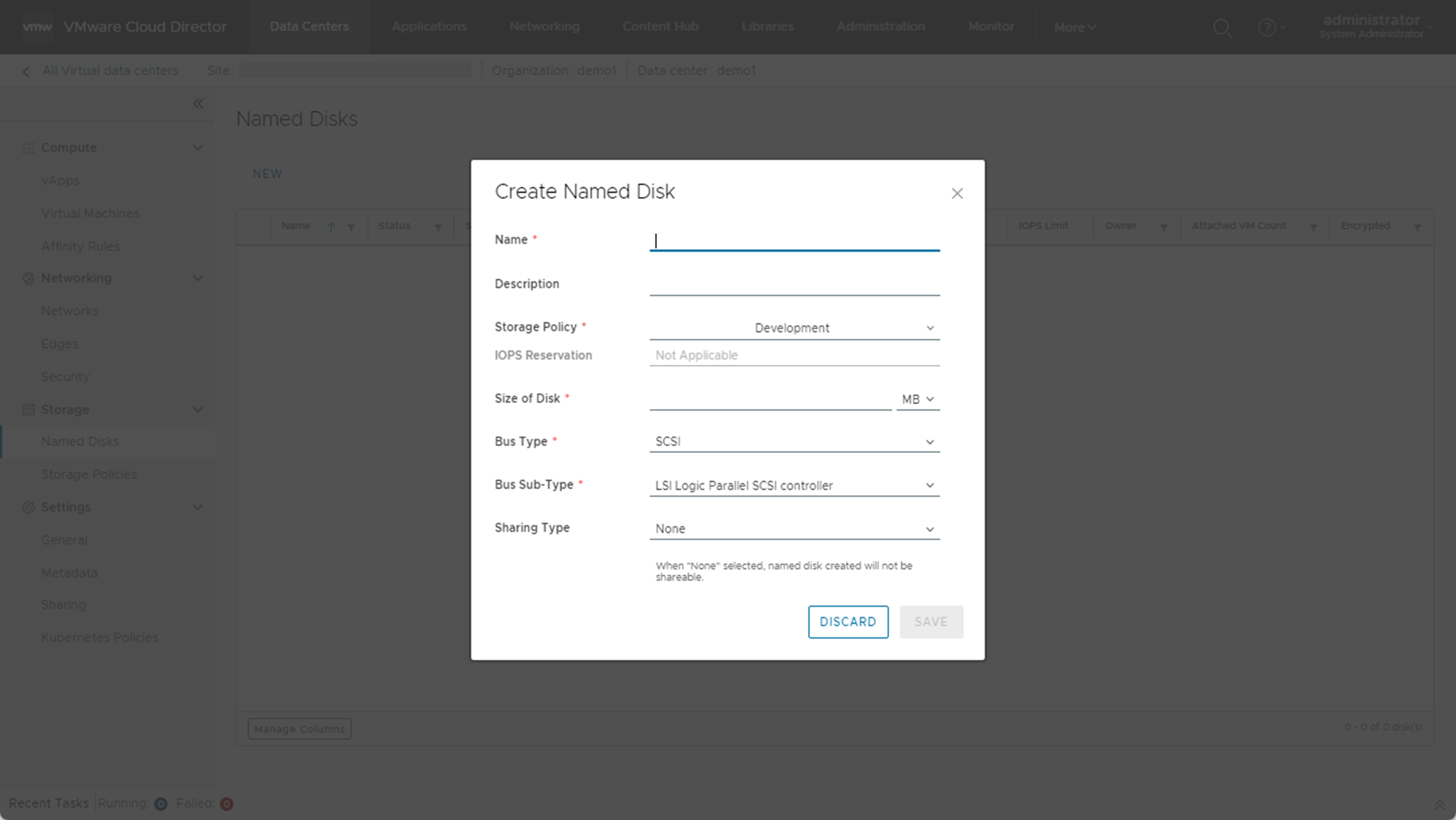 Puede utilizar el cuadro de diálogo Crear disco con nombre para crear un disco con nombre y especificar su configuración.