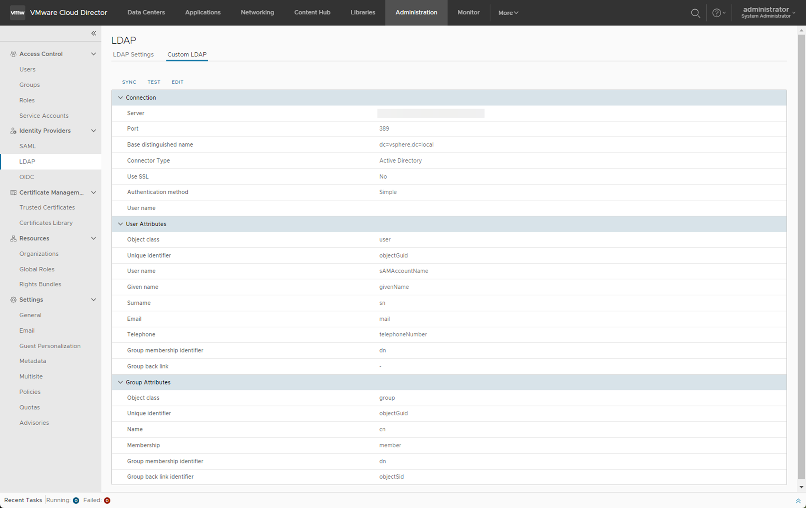 Para ver las pestañas y sincronizar, probar y editar una conexión LDAP, debe tener LDAP configurado.