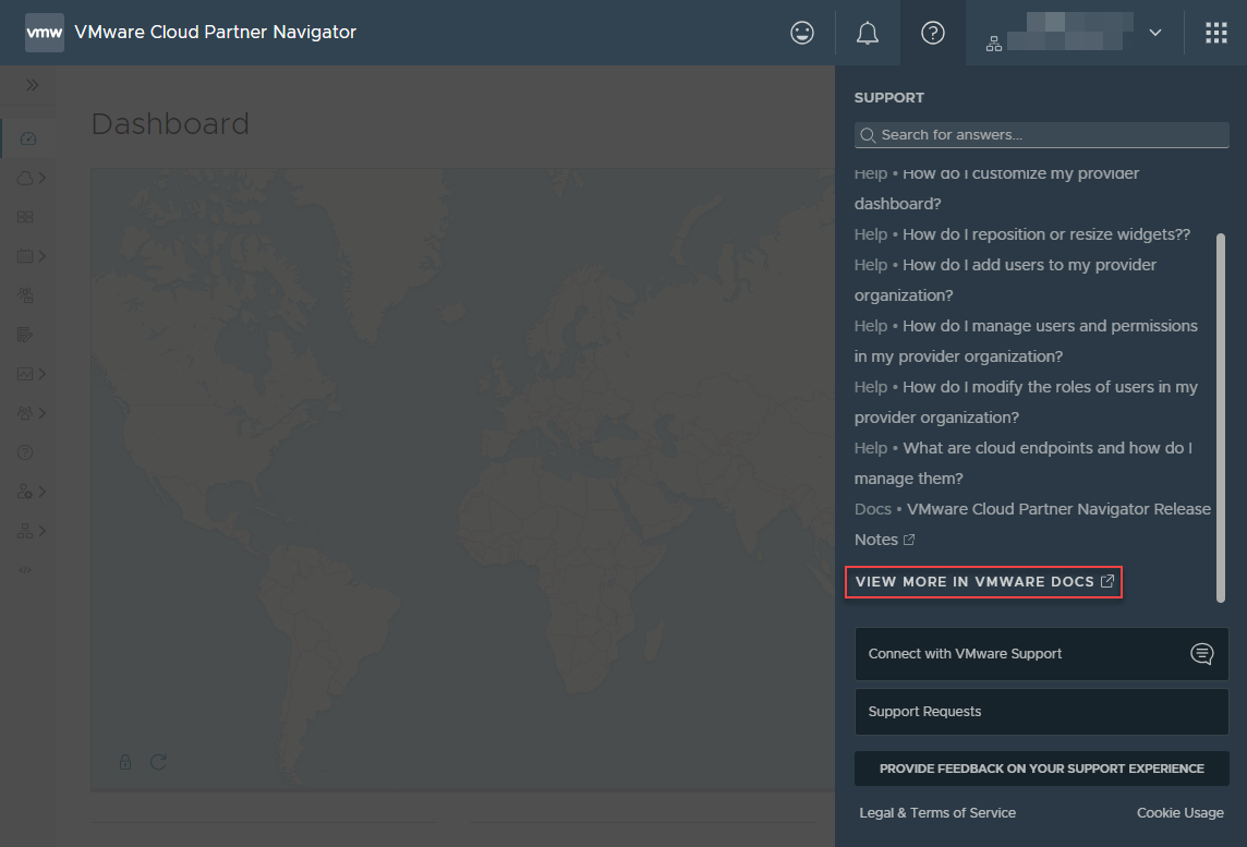 Acceso al contenido de la documentación en el panel de ayuda de VMware Cloud Partner Navigator.