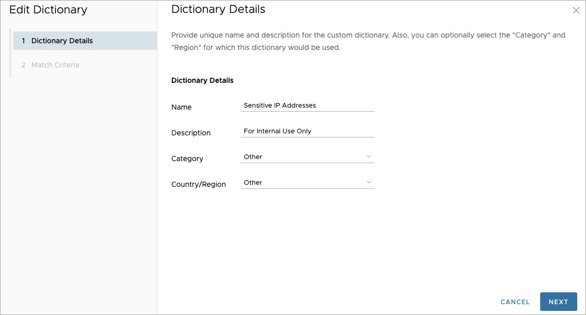 Pantalla de configuración del nuevo diccionario con detalles del diccionario.
