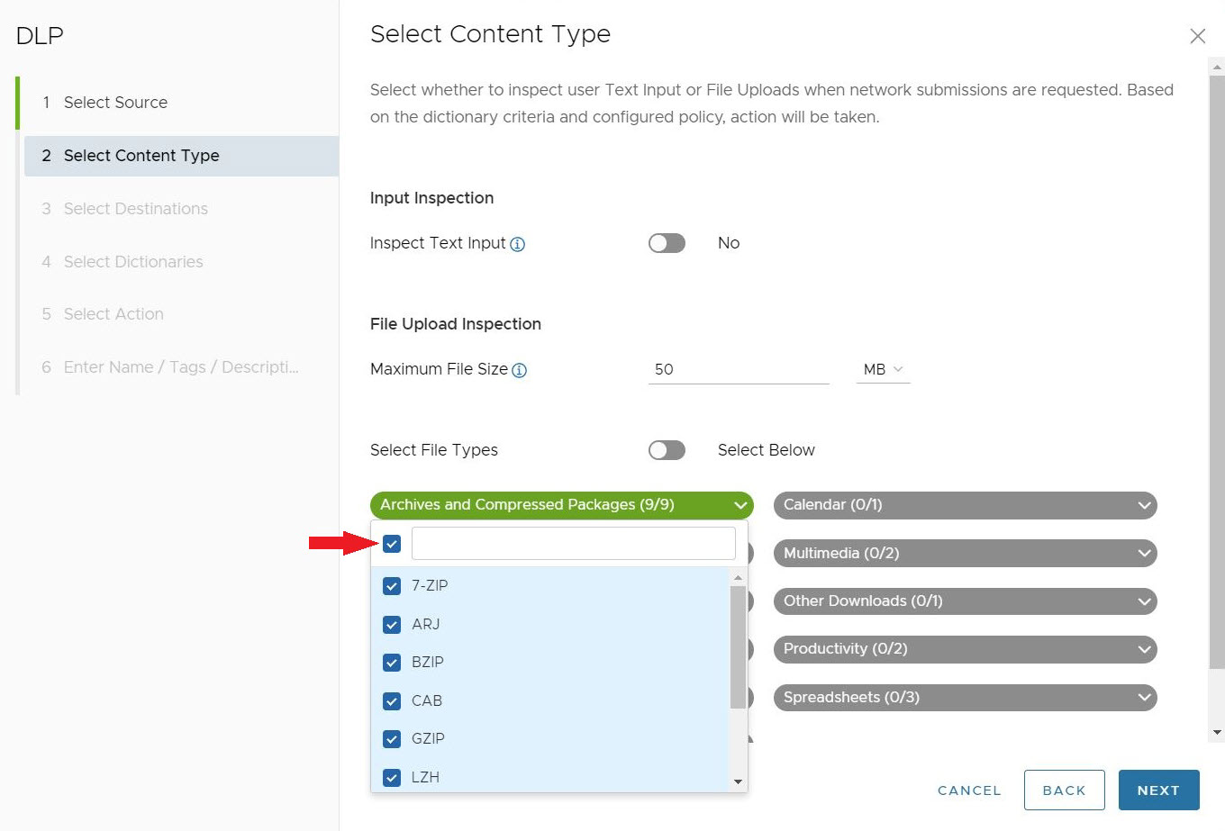 Configurar tipos de archivo seleccionando todos los tipos de archivo para esa categoría. En este caso, se seleccionan todos los archivos y paquetes comprimidos.