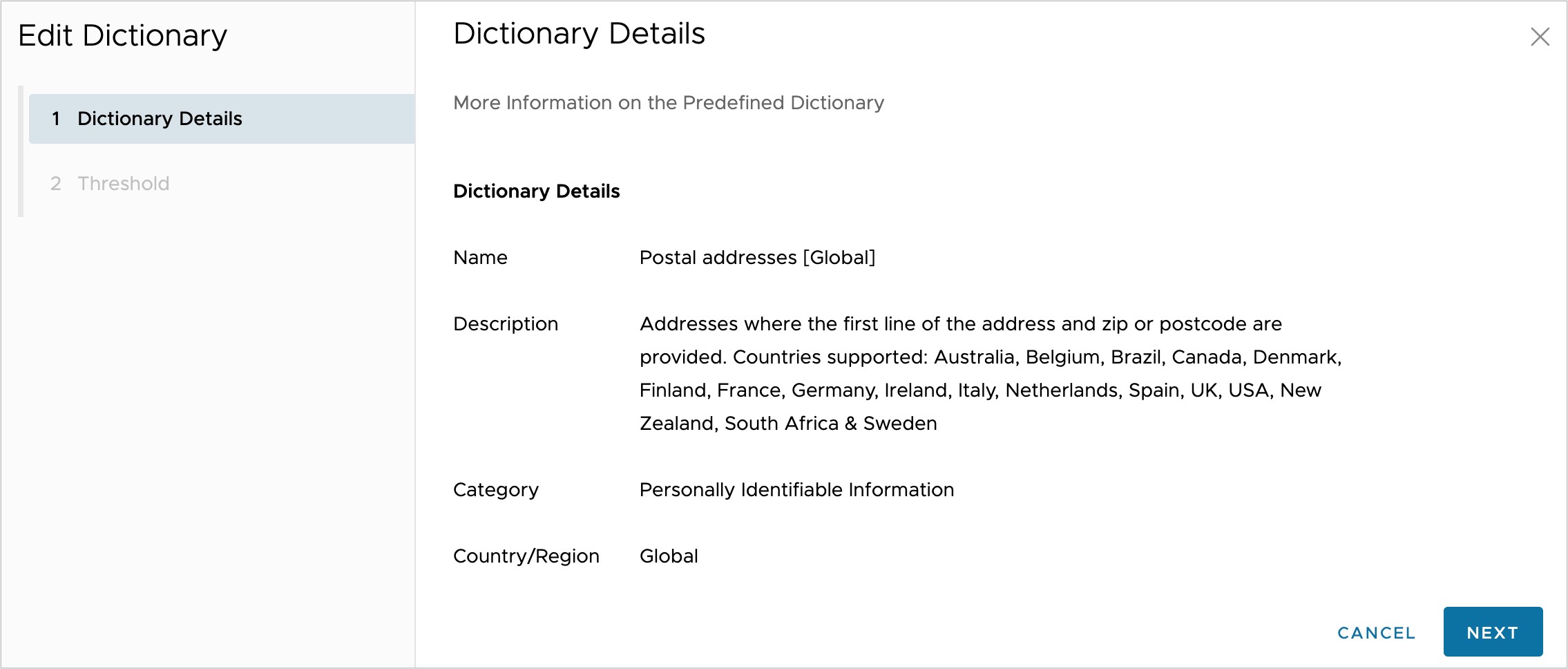 Editar diccionario, detalles del diccionario