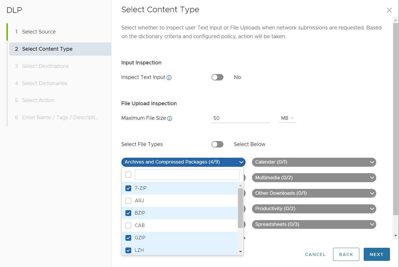 Configurar tipos de archivo seleccionando algunos tipos de archivo, pero no todos, para una categoría. En este caso solo se seleccionan algunos de los archivos y paquetes comprimidos.