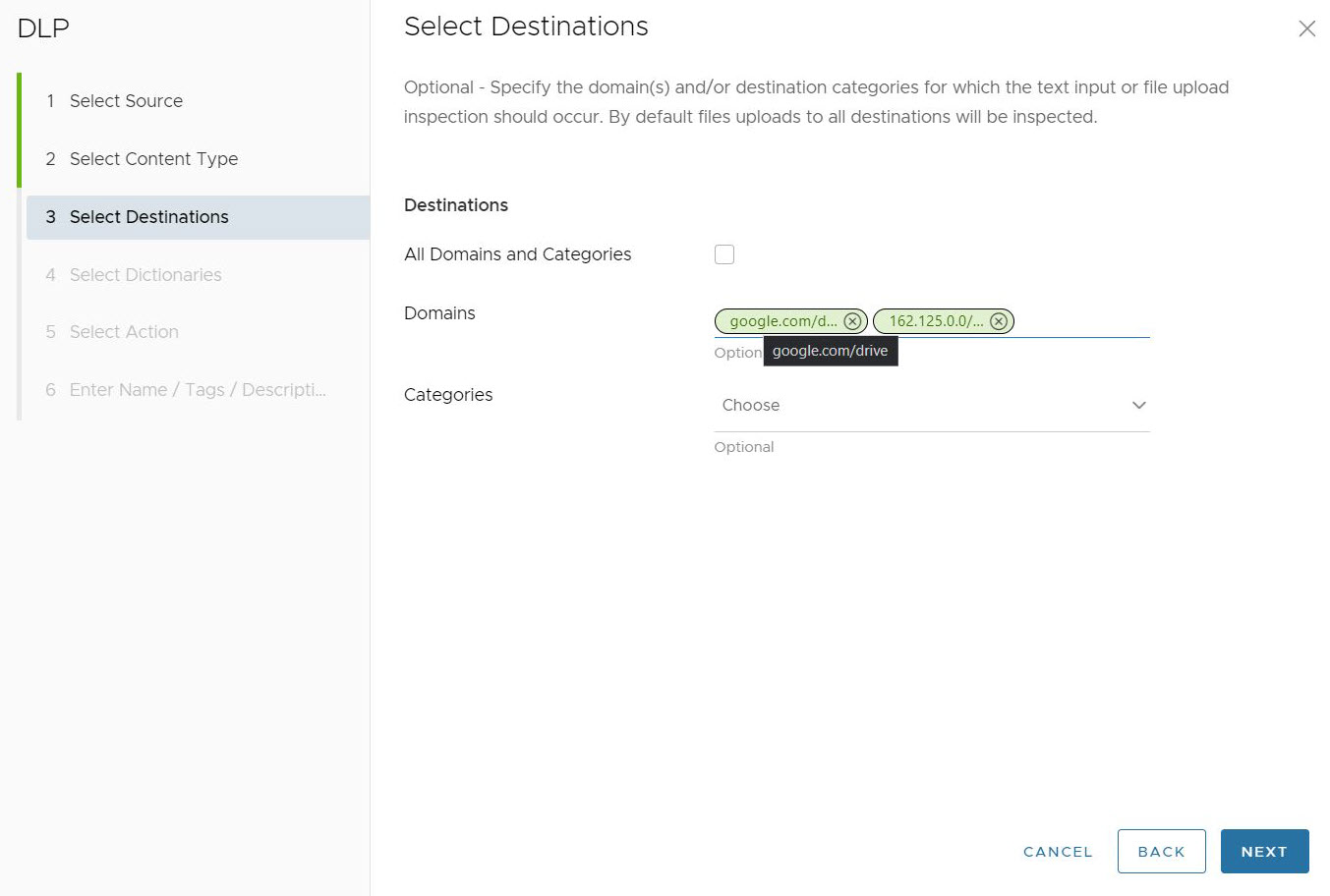 Configurar los dominios, incluidos los FQDN, las direcciones IP y los rangos de direcciones IP.