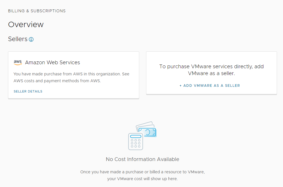 La página Facturación y suscripciones > Descripción general de la consola de Cloud Services muestra los AWS del vendedor y la opción para agregar VMware como vendedor.