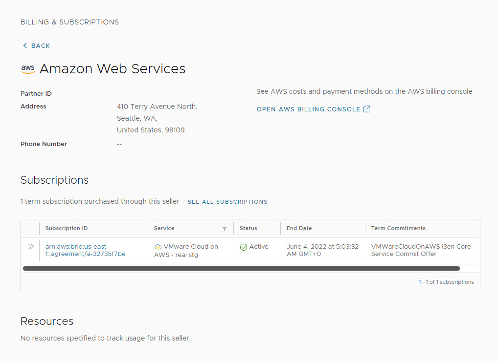 Ejemplo de página de detalles del vendedor que muestra información sobre el vendedor de AWS en la consola de Cloud Services.