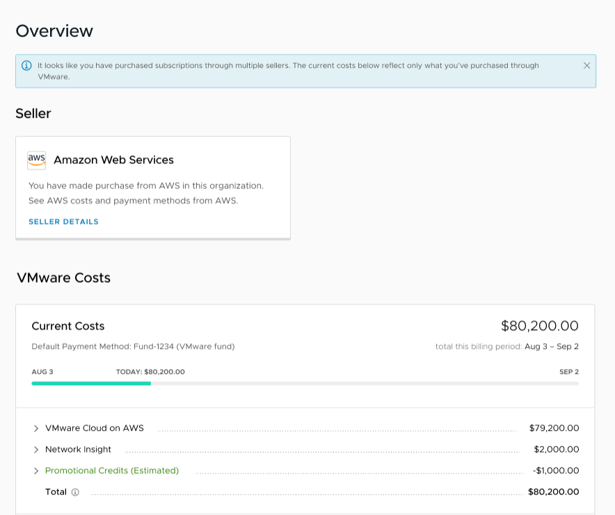 En este ejemplo, la página Facturación y suscripciones>Descripción general de la consola de Cloud Services muestra dos vendedores: VMware y Amazon Web Services.