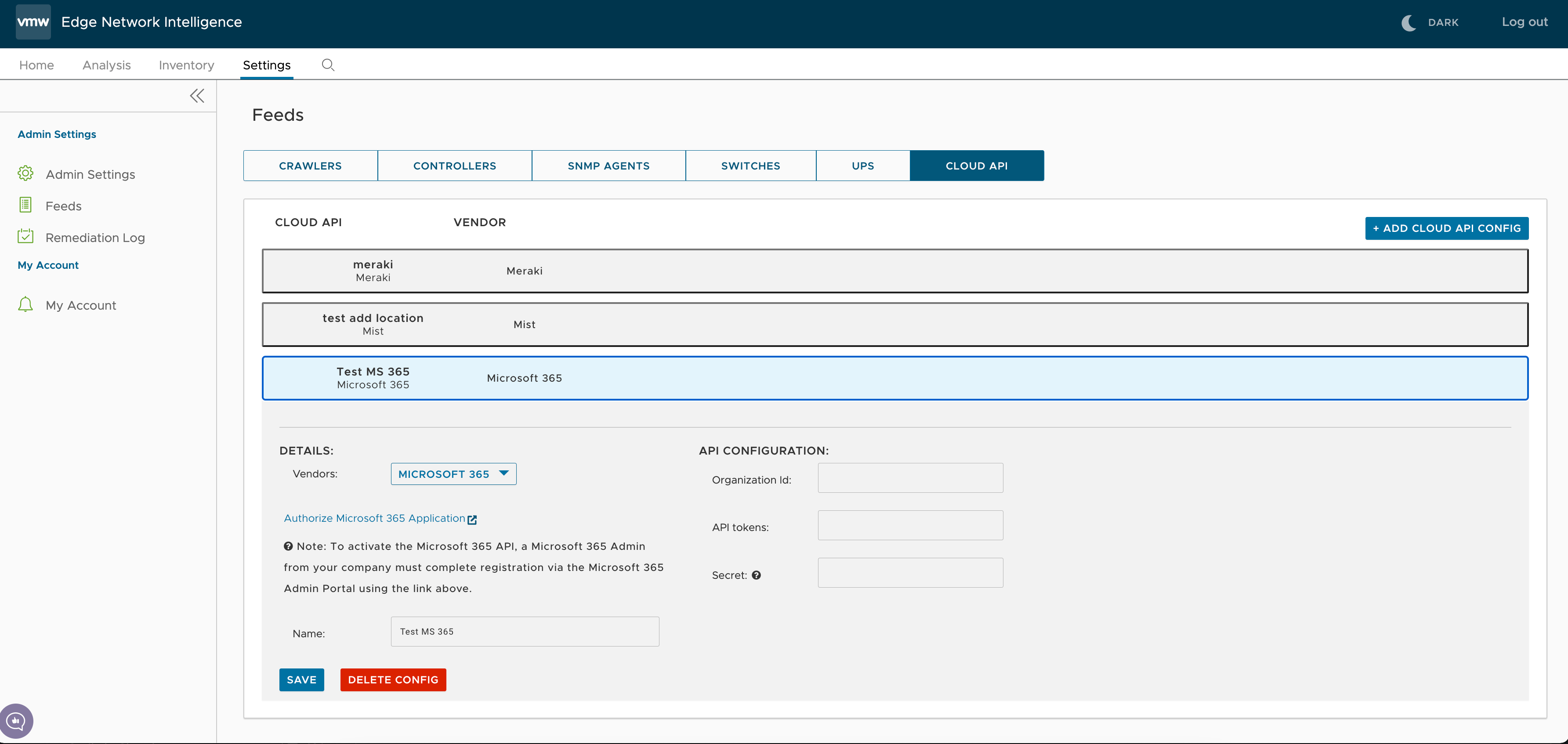 La pantalla muestra las opciones editar/eliminar para las configuraciones de una API de nube existente.