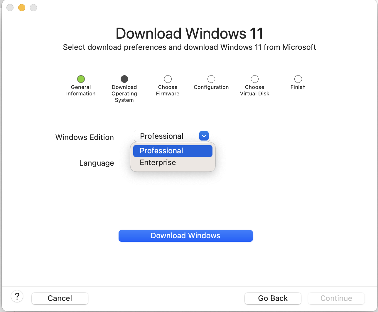 La captura de pantalla muestra el campo para seleccionar la edición de Windows preferida.