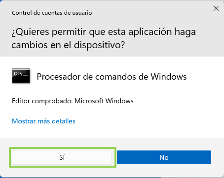 Seleccione Sí para permitir que el intérprete de comandos de Windows continúe.