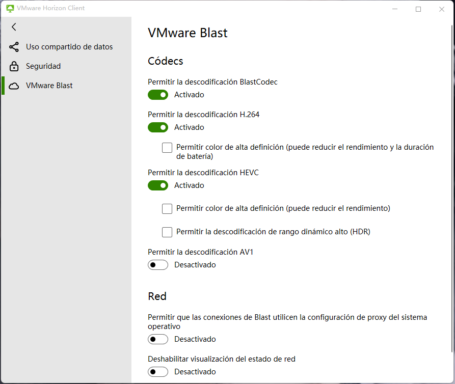 Los ajustes de VMware Blast incluyen controles para mostrar notificaciones de red