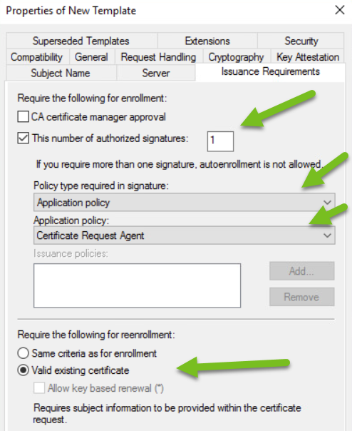 Captura de pantalla de la pestaña Requisitos de emisión con flechas verdes que apuntan a la configuración de claves.