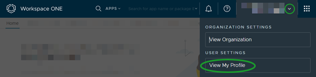 La consola de Workspace ONE Cloud Admin Hub con el menú desplegable Configuración de usuario/organización seleccionado y en círculo, con las opciones disponibles que aparecen, como Ver mi perfil, que también está en un círculo.