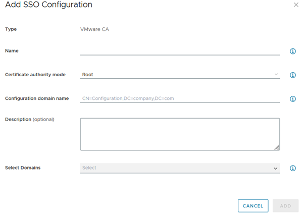 Cuadro de diálogo Agregar configuración de SSO con el tipo de VMware CA seleccionado