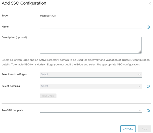 Cuadro de diálogo Agregar configuración de SSO con el tipo de CA de Microsoft seleccionado