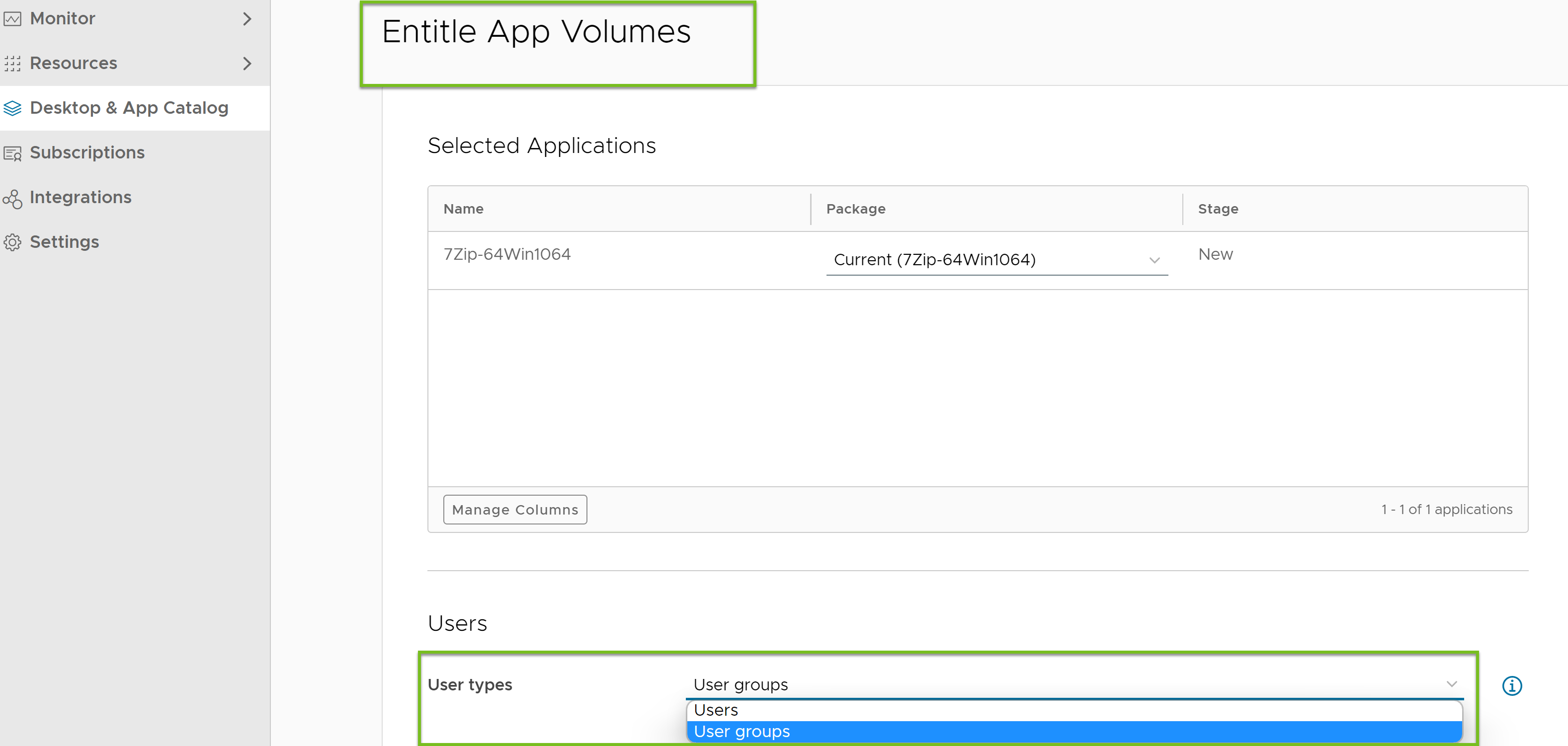 Autorizar una aplicación de App Volumes a uno de estos tipos de usuario: Usuarios o Grupos de usuarios.