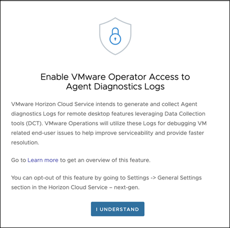 Cuadro de diálogo de acceso del operador de VMware a registros de diagnóstico del agente.