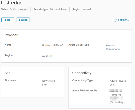 Captura de pantalla de una página de detalles de Microsoft Azure Edge a la que se puede acceder al seleccionar una instancia específica de Microsoft Azure Edge.