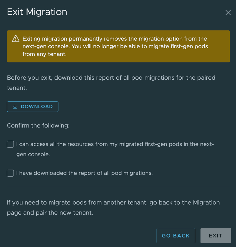 Captura de pantalla de la ventana Salir de la migración.