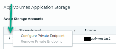 Captura de pantalla del menú de tres puntos para configurar el endpoint privado en la cuenta de almacenamiento.