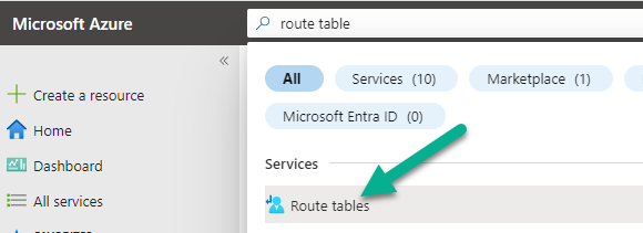 Captura de pantalla de la búsqueda de tablas de rutas en Azure Portal