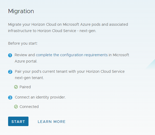 Captura de pantalla de la página Migración con el botón Inicio disponible para su uso.