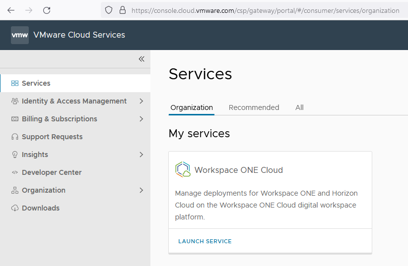 Captura de pantalla de la tarjeta Workspace ONE Cloud en la interfaz de usuario de servicios de console.cloud.vmware.com