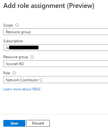 Captura de pantalla de Agregar asignación de funciones con Ámbito como Grupo de recursos y la Función de Colaborador de red.