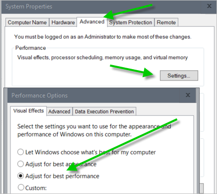 Ubicación en las propiedades del sistema de la configuración de rendimiento de Windows