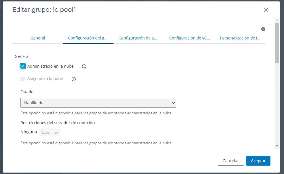 Asistente Editar grupo en Horizon Console con la opción Administrado por la nube seleccionada