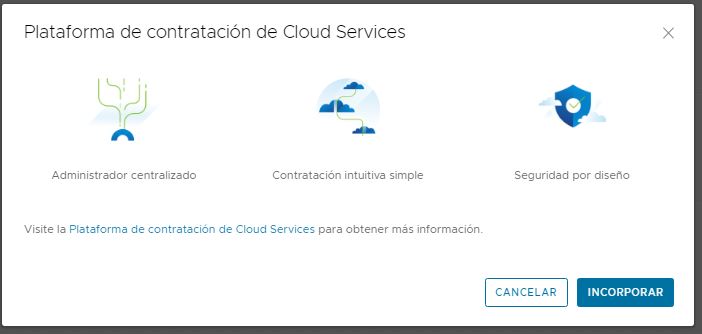 Captura de pantalla que muestra la casilla de interfaz de usuario de la plataforma de contratación de Cloud Service con tres iconos a modo de ejemplo, un hipervínculo para obtener más información sobre esta plataforma y el botón Incorporar para continuar con el proceso.