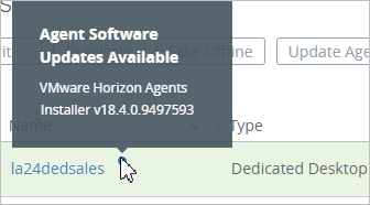 Señale el punto azul junto a una asignación de escritorios de VDI dedicados para ver qué actualizaciones de agente están disponibles.