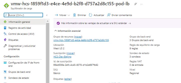 Captura de pantalla que muestra el equilibrador de carga de Azure del pod en la suscripción y la dirección IP privada que tiene asignada