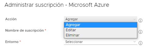 Captura de pantalla de la ventana Administrar suscripción - Microsoft Azure de la interfaz de usuario, que muestra la lista de opciones de Acción: Agregar, Editar y Eliminar.