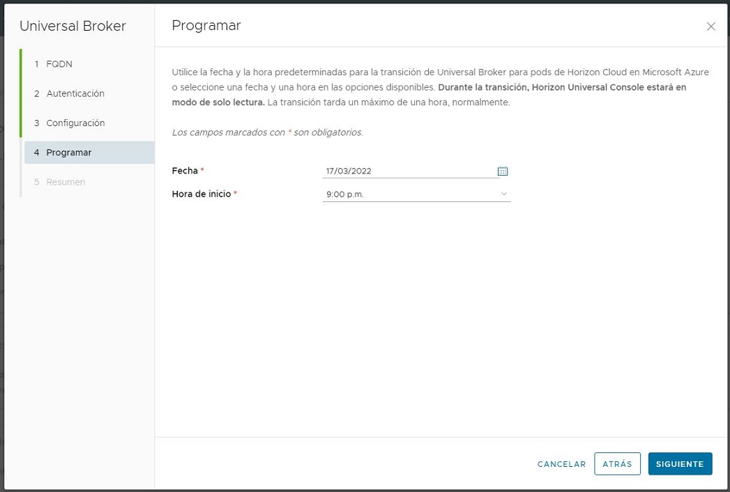 Asistente de configuración de Universal Broker, página Programación.