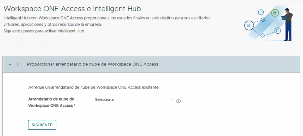 Captura de pantalla del paso 1 del asistente, Proporcionar arrendatario de nube de Workspace ONE Access, y una flecha verde que apunta al menú Seleccionar del paso.