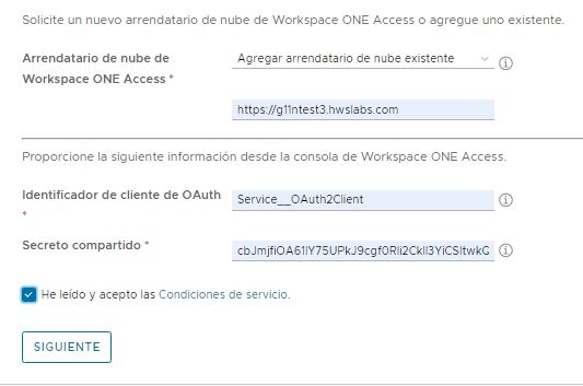 Captura de pantalla que muestra la información de ejemplo introducida en el paso 1 del asistente para agregar un arrendatario de nube de Workspace ONE Access existente.