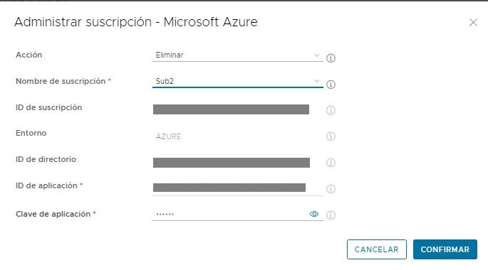 Captura de pantalla de la ventana Administrar suscripción - Microsoft Azure de la interfaz de usuario, con la opción Eliminar establecida en el menú Acción y la suscripción sub2 establecida en el menú Nombre de suscripción, con flechas verdes que apuntan a la opción Eliminar y al nombre sub2.
