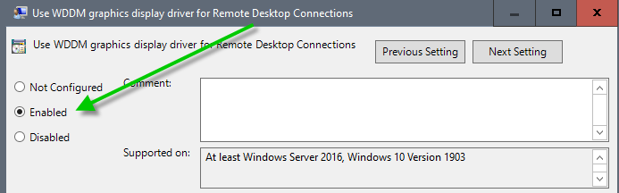 Captura de pantalla que muestra la opción habilitada para la configuración de WDDM.