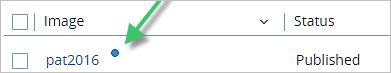Captura de pantalla de la consola y flecha verde hacia el punto azul que indica que una imagen tiene actualizaciones del agente disponibles